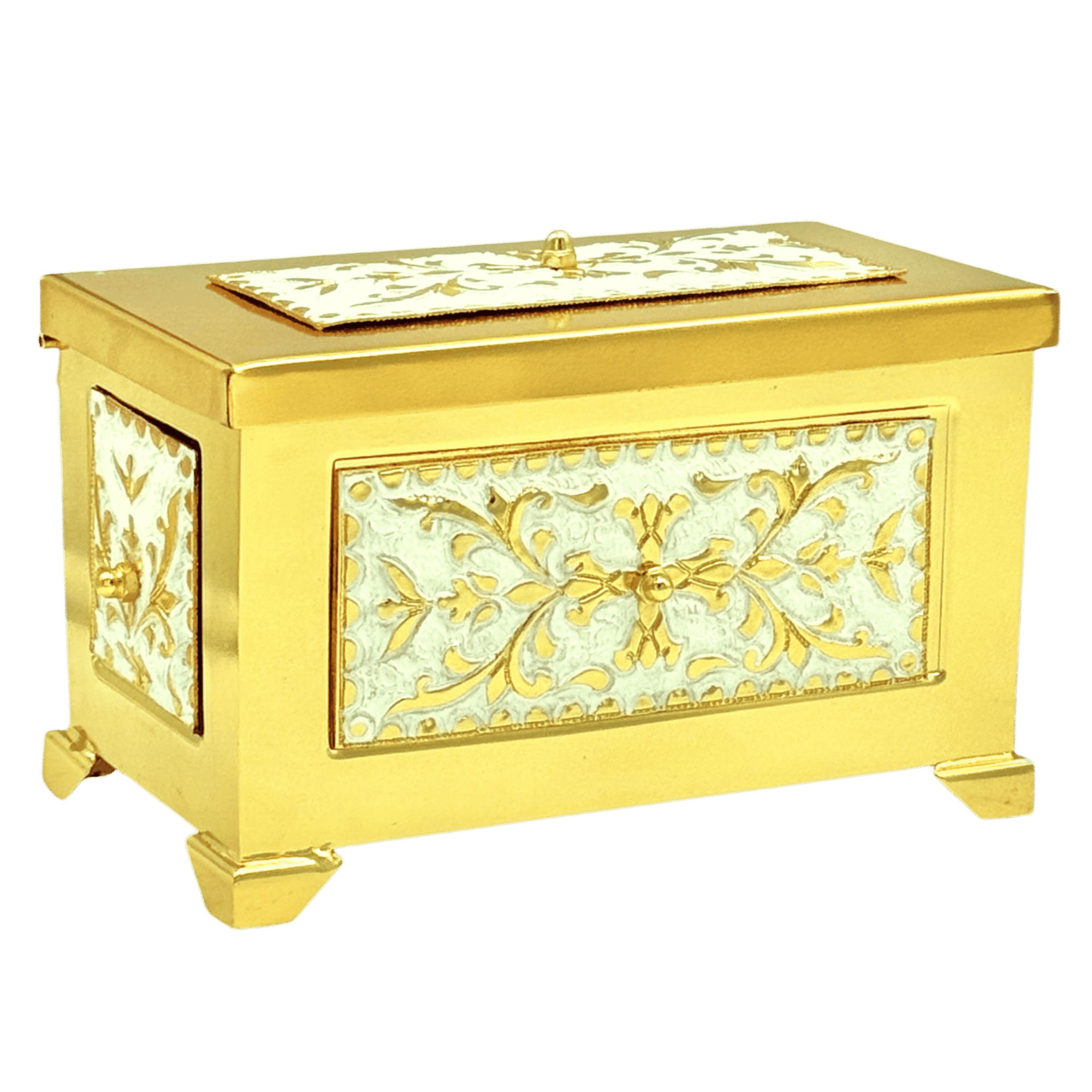 Intricate gold and white church relic box with ornate design, ideal for religious and ecclesiastical gifts, church ceremonies, and sacred artifacts. Perfect for Orthodox religious items.