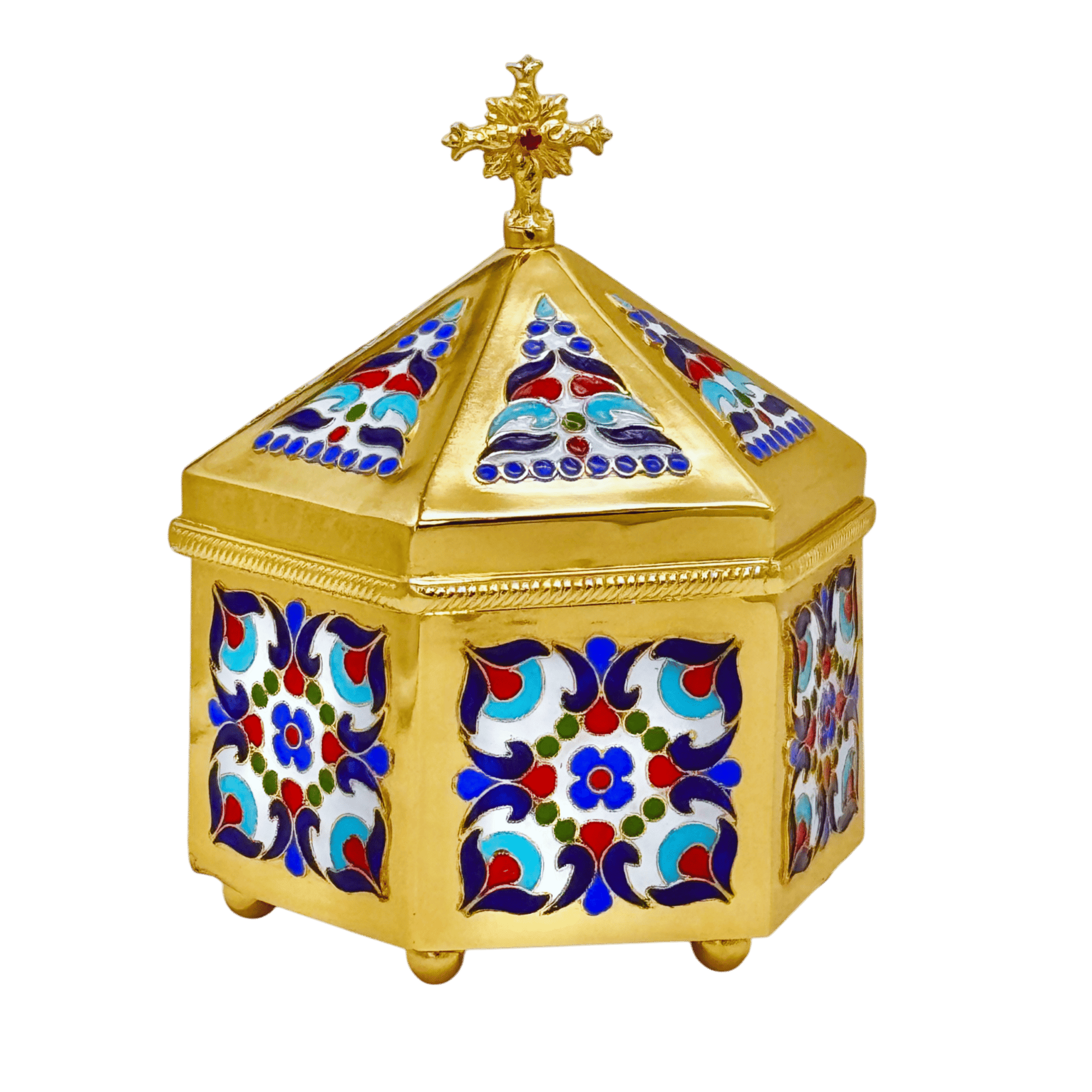 Colorful church tabernacle with gold finish, stained glass details, and cross top, ideal for religious ceremonies and Orthodox liturgical use.