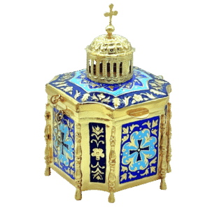 Ornate religious lantern with gold and blue accents, used in church ceremonies and processions.