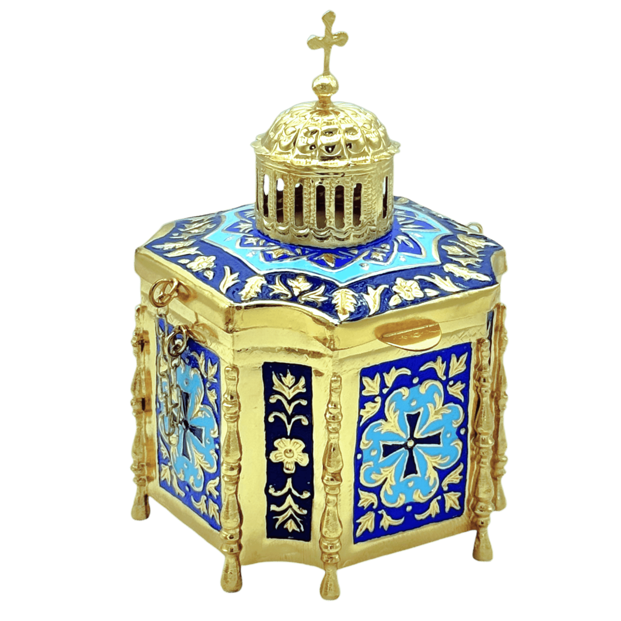 Ornate religious lantern with gold and blue accents, used in church ceremonies and processions.