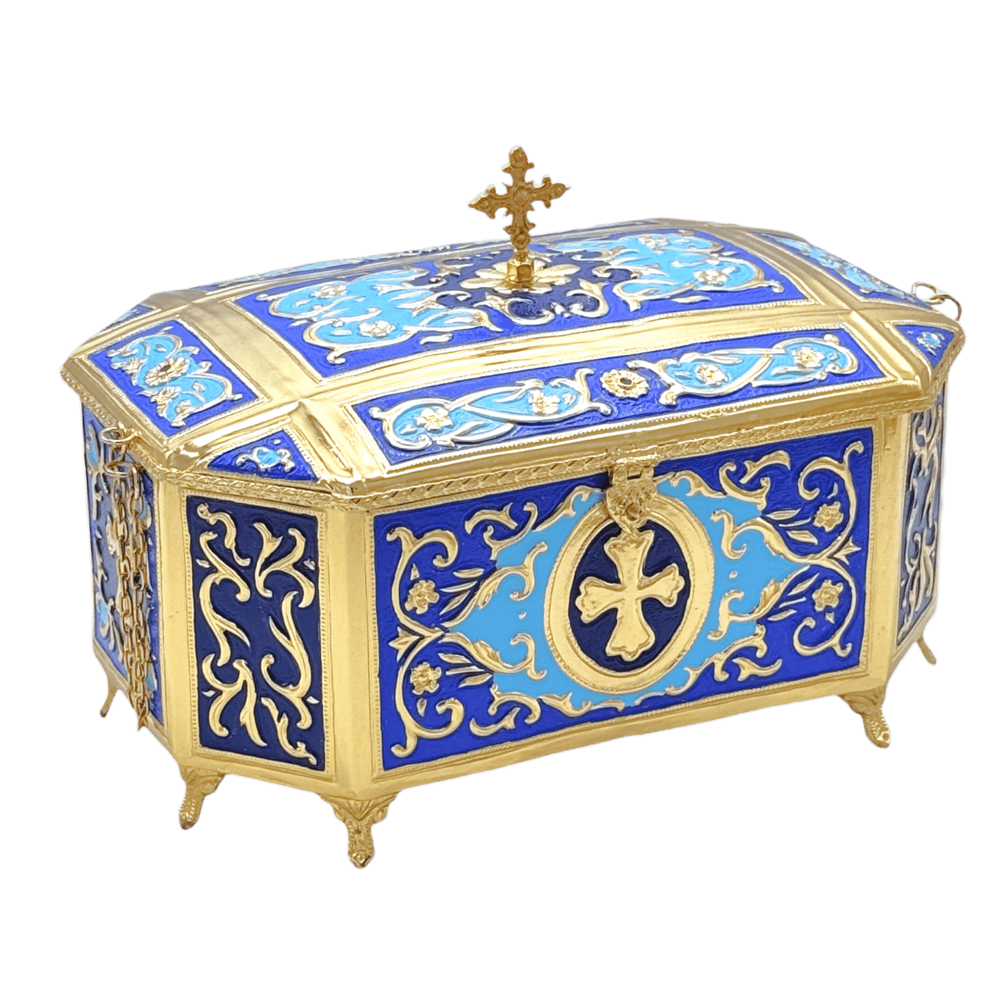 Intricately designed christian ecclesiastical items, including ornate reliquaries and sacred artifacts, crafted with gold and blue accents, perfect for church decorations and religious ceremonies.
