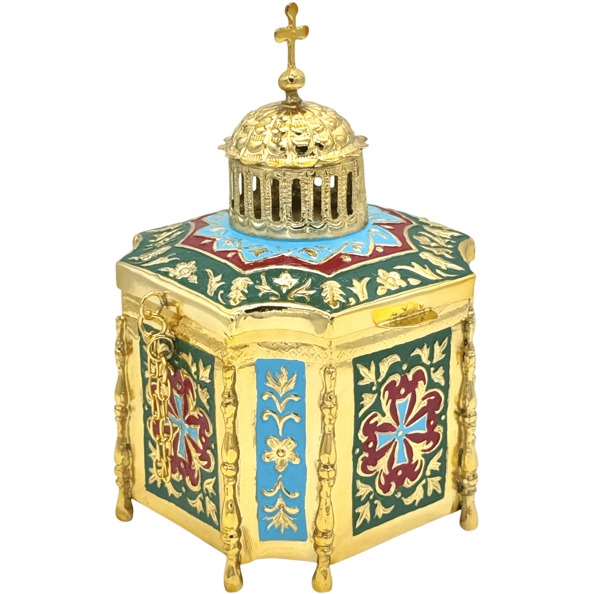 Decorative Religious Censer for Church Ceremonies, Made of Gold and Enamel, Traditional Greek Liturgical Item.