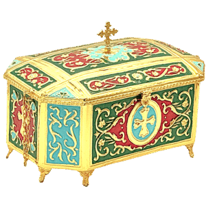 Colorful ecclesiastical reliquary box with gold accents, designed for religious artifacts and Orthodox Christian церковни єдині highly decorative церковне зберігання religious artifacts, made by Tsaxtaronis Antonios.