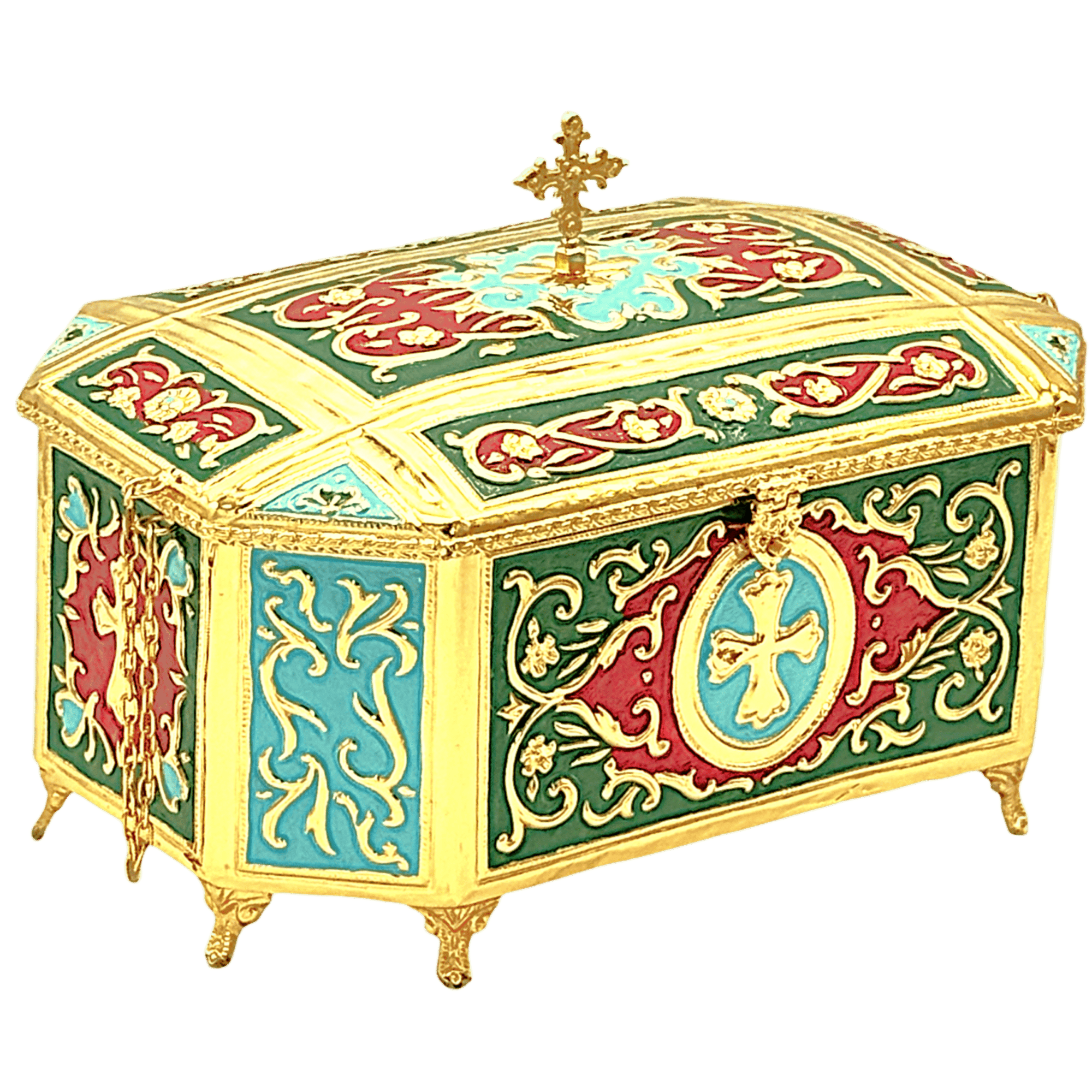 Colorful ecclesiastical reliquary box with gold accents, designed for religious artifacts and Orthodox Christian церковни єдині highly decorative церковне зберігання religious artifacts, made by Tsaxtaronis Antonios.