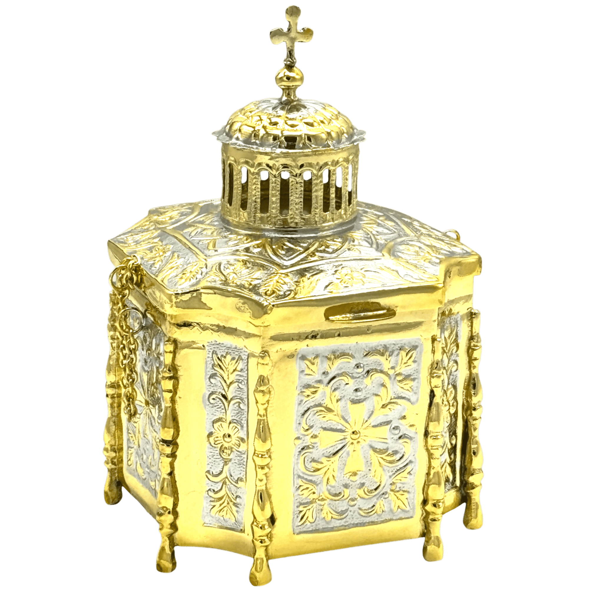 Ornate gold and silver religious lantern used in Orthodox church ceremonies, showcasing intricate craftsmanship and traditional ecclesiastical design.