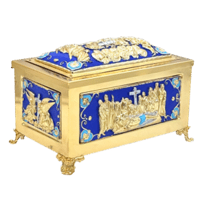 Intricately designed gold and blue religious reliquary box with detailed ecclesiastical carvings, perfect for church treasures and sacred artifacts.