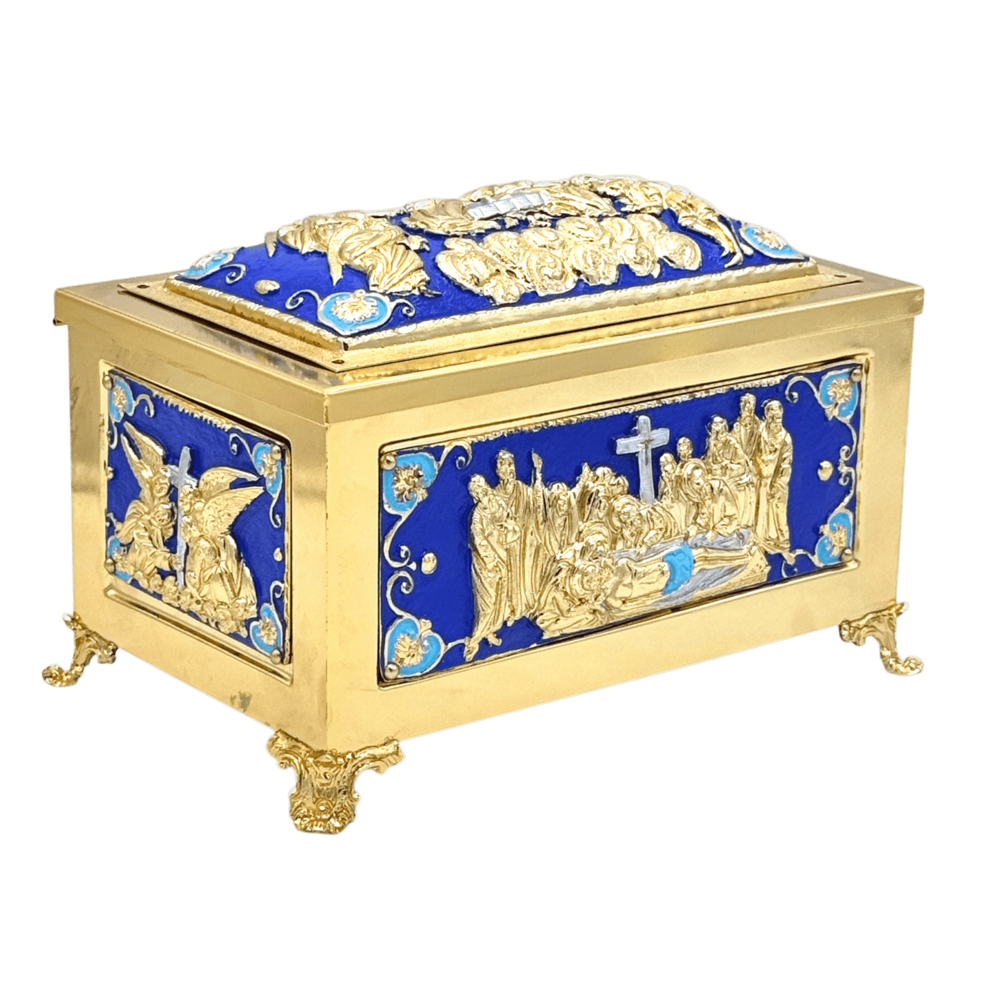 Intricately designed gold and blue religious reliquary box with detailed ecclesiastical carvings, perfect for church treasures and sacred artifacts.