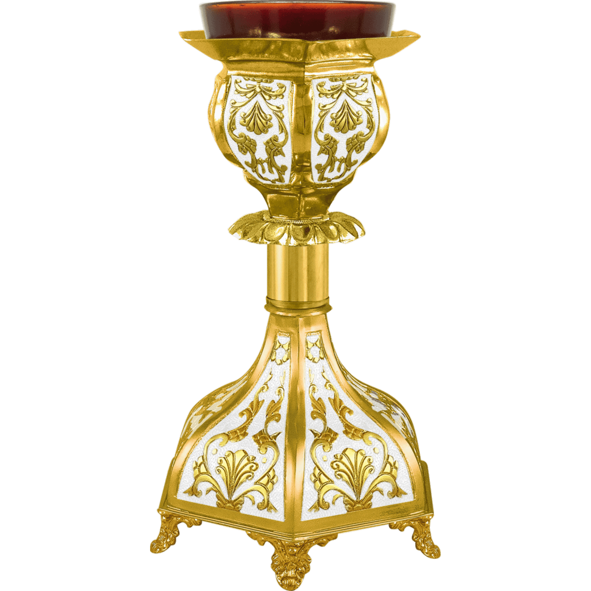 Elegant gold and white church candle holder with intricate religious ornamentation, ideal for ecclesiastical ceremonies, religious events, and church decoration.