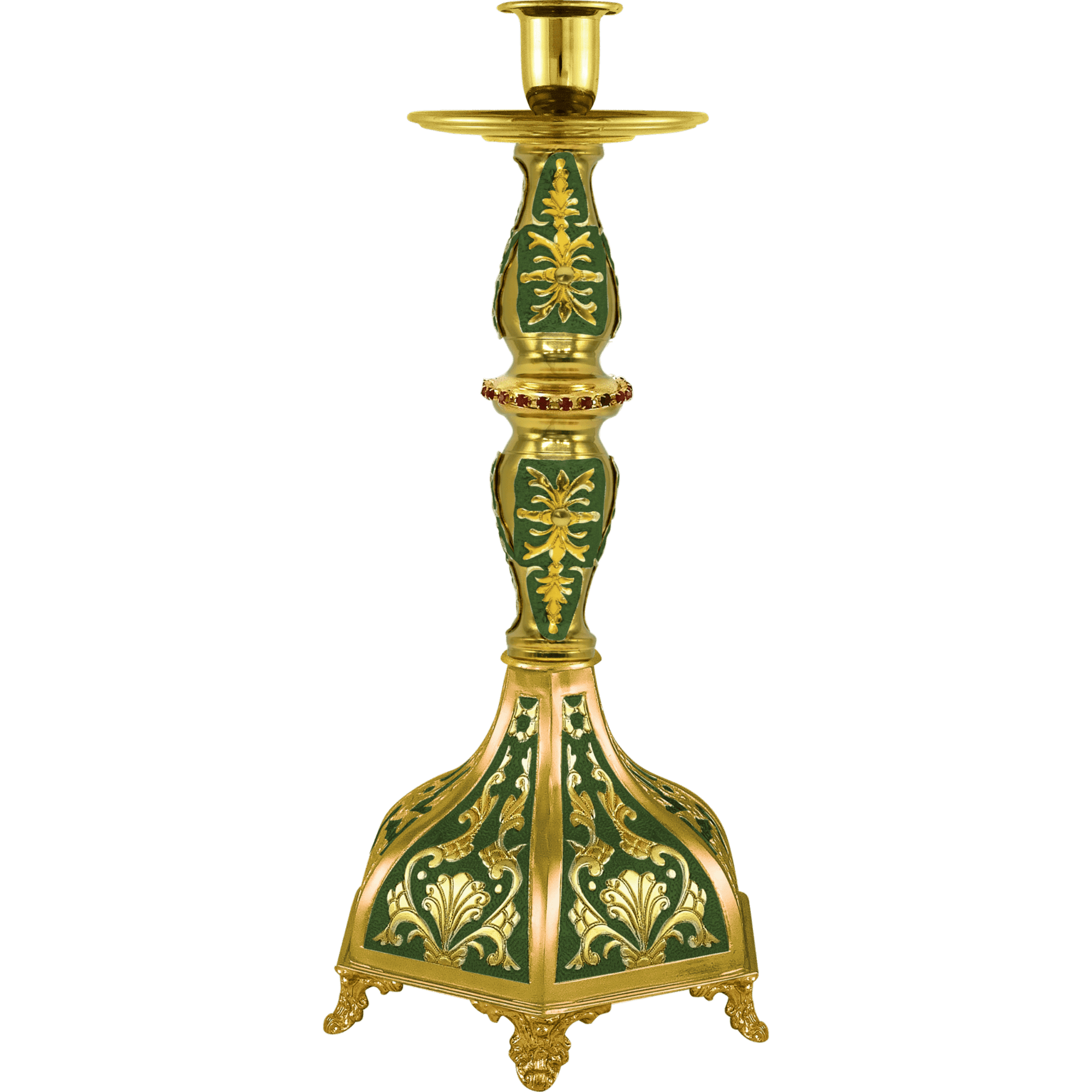 Elegant gold and green church candle holder, ornate religious liturgical accessory, handcrafted ecclesiastical item, traditional Orthodox church decor, high-quality ceremonial church equipment.