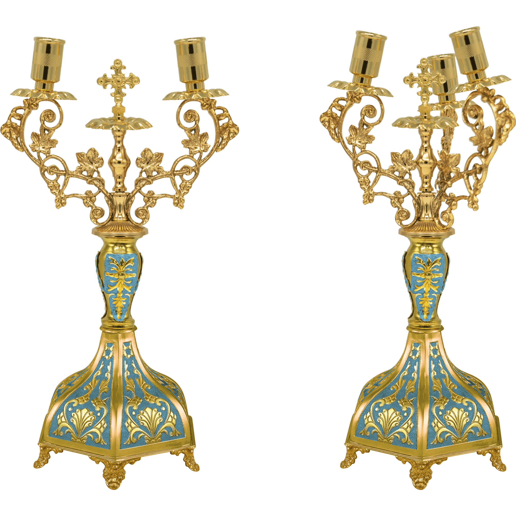 Ornate gold candelabras with intricate designs, ideal for church services and religious ceremonies. Elegant ecclesiastical candle holders crafted with luxurious details, perfect for liturgical use.