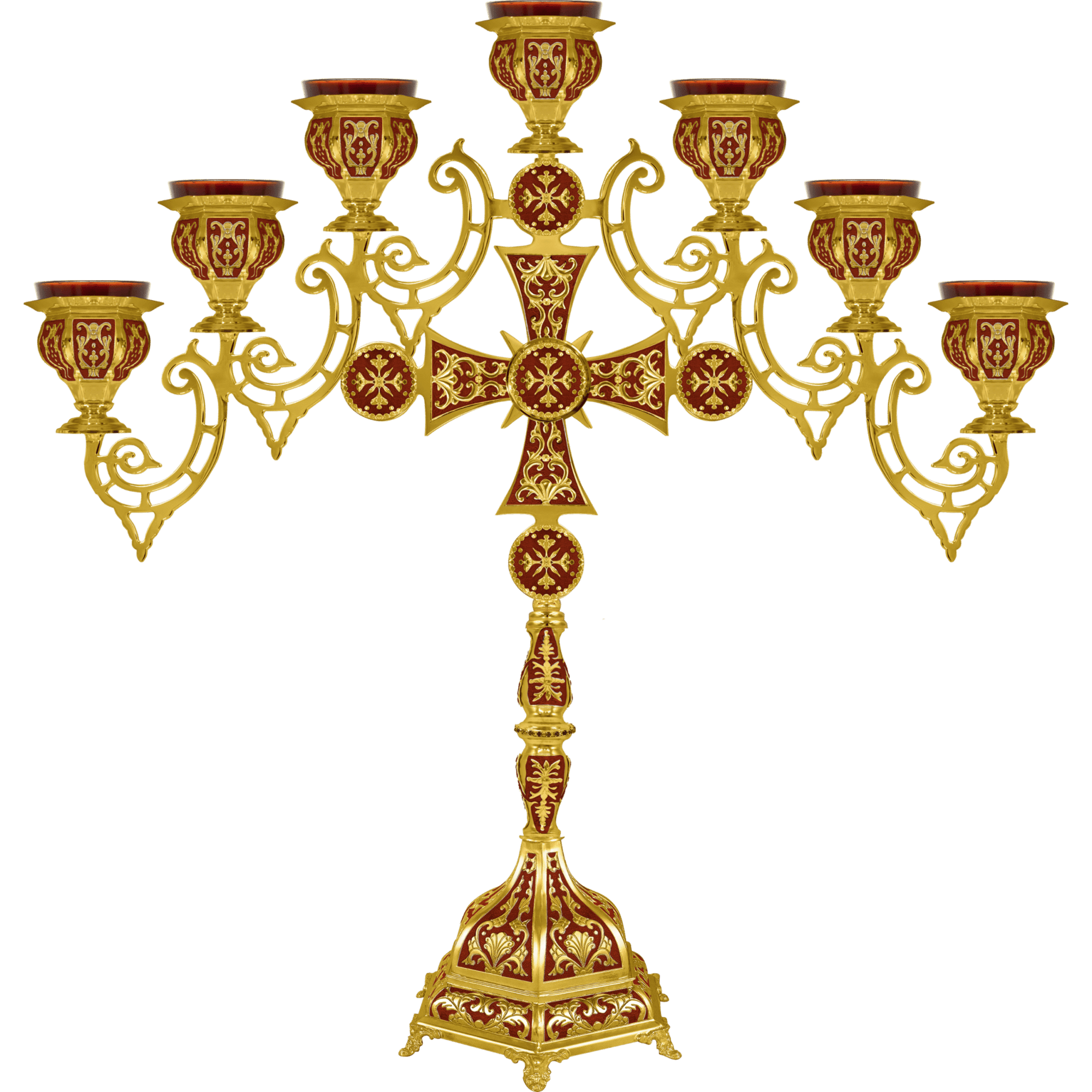Intricate gold and red ecclesiastical candelabrum, traditional church decoration, religious liturgical accessory, ornate church candle holder, Orthodox church churchware.