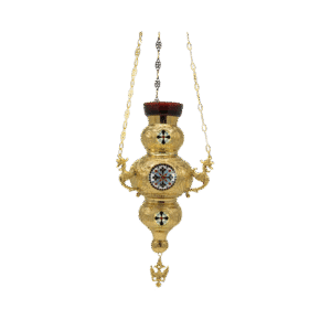 Ornate gold ecclesiastical lantern with intricate religious design, used in Orthodox Christian church rituals and ceremonial events.