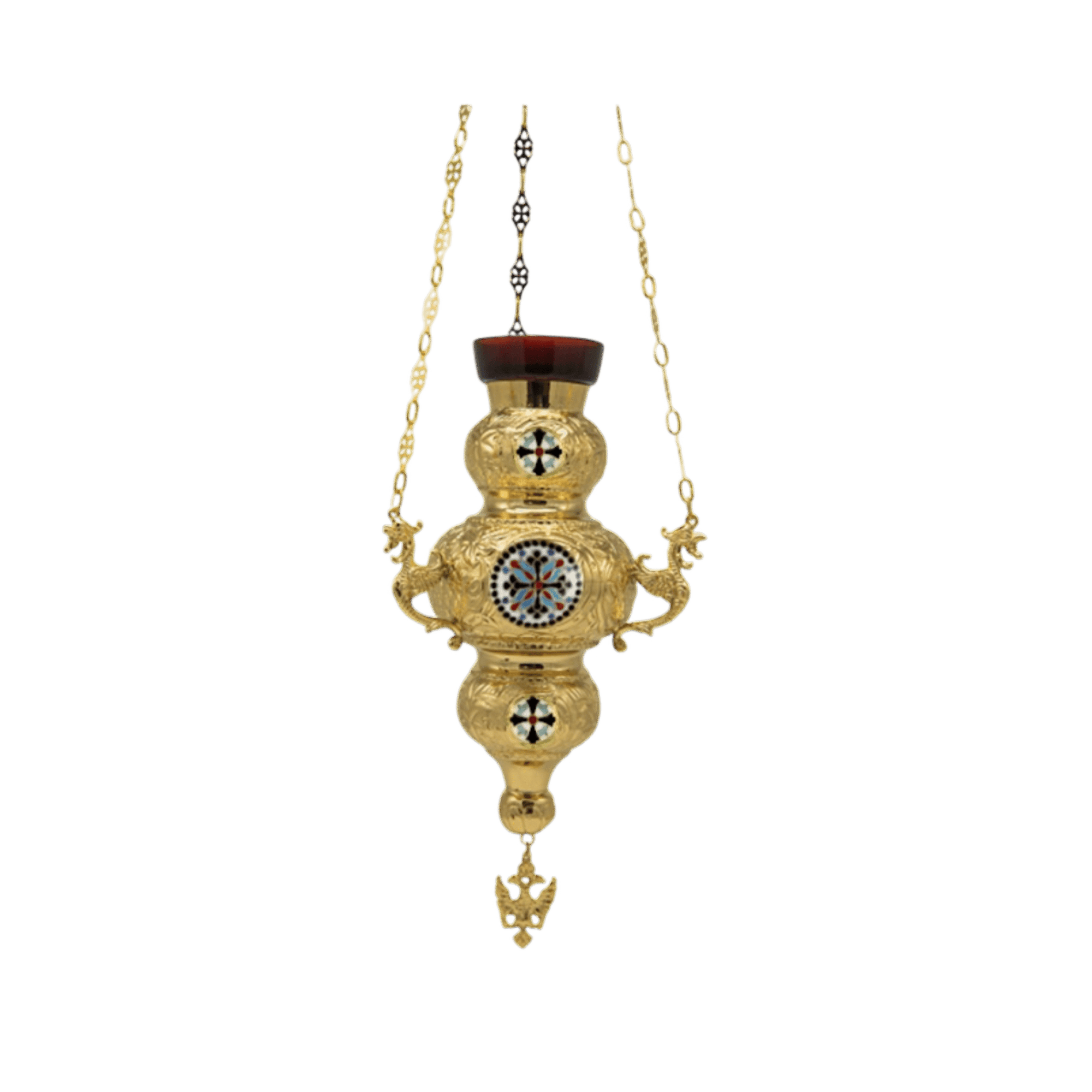 Ornate gold ecclesiastical lantern with intricate religious design, used in Orthodox Christian church rituals and ceremonial events.