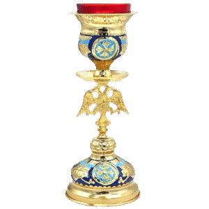 Ornate religious candle holder with gold finish, blue accents, and intricate design, ideal for church use and liturgical ceremonies.