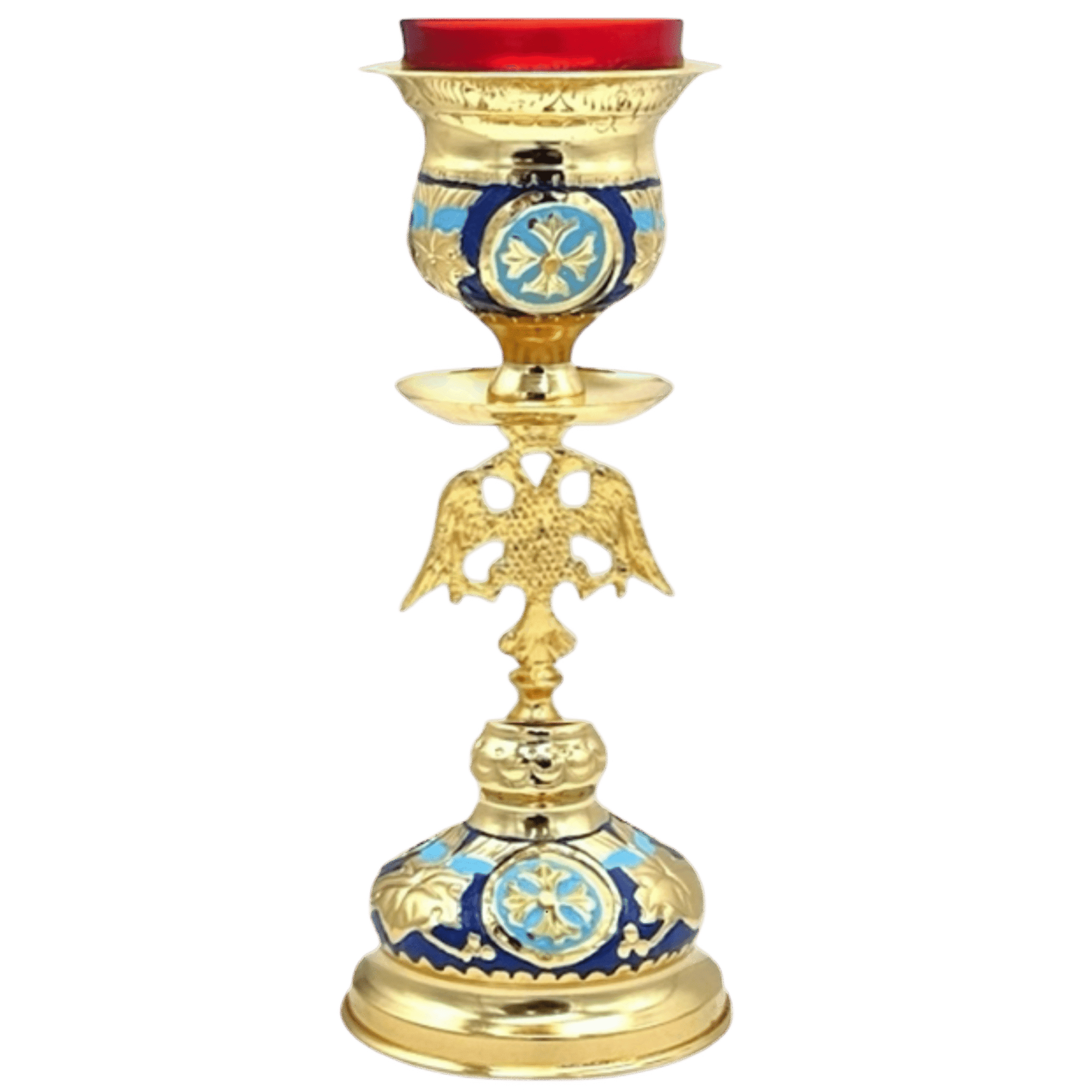 Ornate religious candle holder with gold finish, blue accents, and intricate design, ideal for church use and liturgical ceremonies.