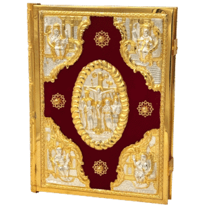 Intricate religious iconography and gold-plated ecclesiastical artwork with Christian saints, crosses, and ornate detailing, ideal for church decorations and religious ceremonies.