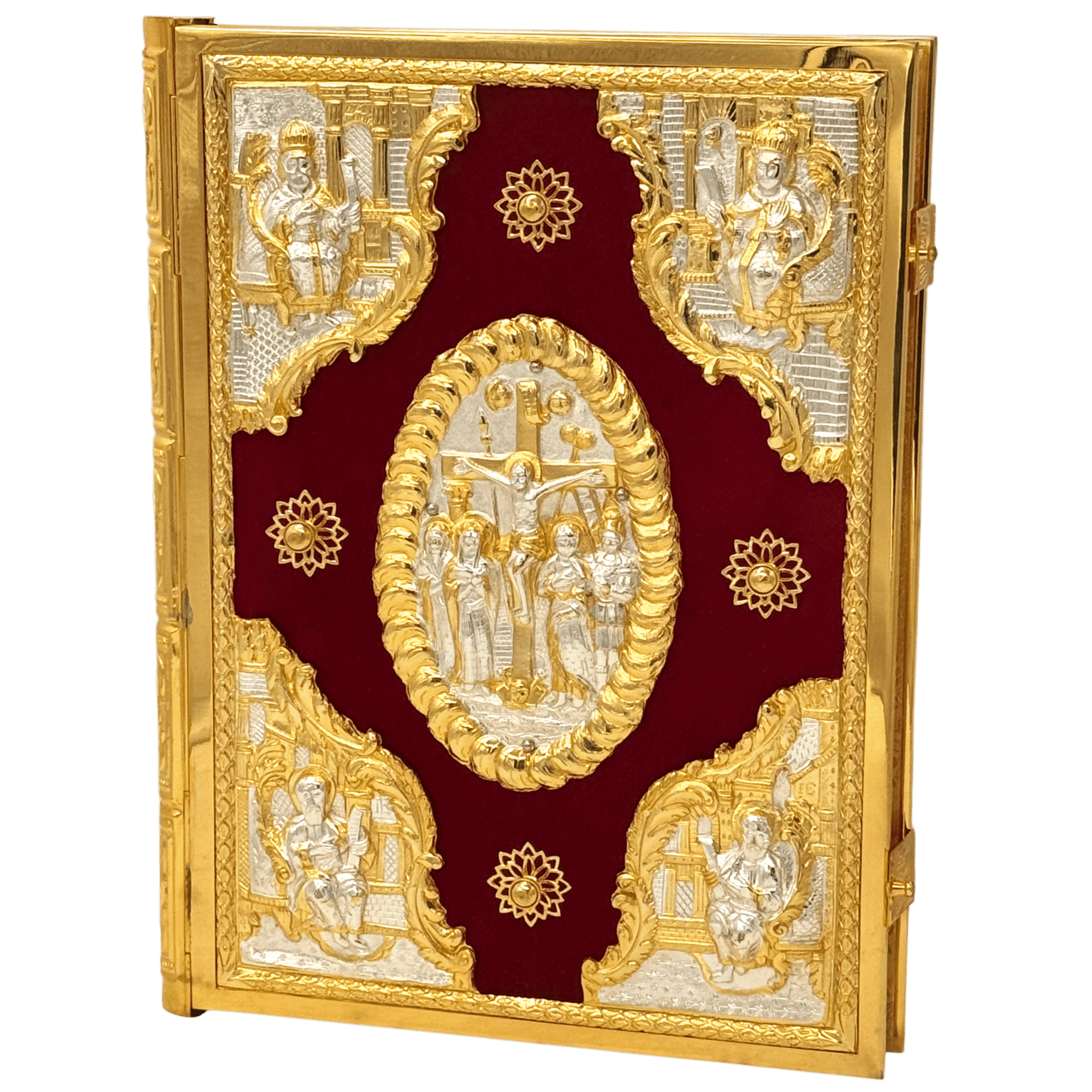 Intricate religious iconography and gold-plated ecclesiastical artwork with Christian saints, crosses, and ornate detailing, ideal for church decorations and religious ceremonies.