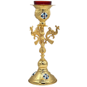 Ornate gold religious candle holder with ecclesiastical emblem, crafted by Tsa tsaronis Antonios, ideal for church rituals and Orthodox Christian ceremonies.