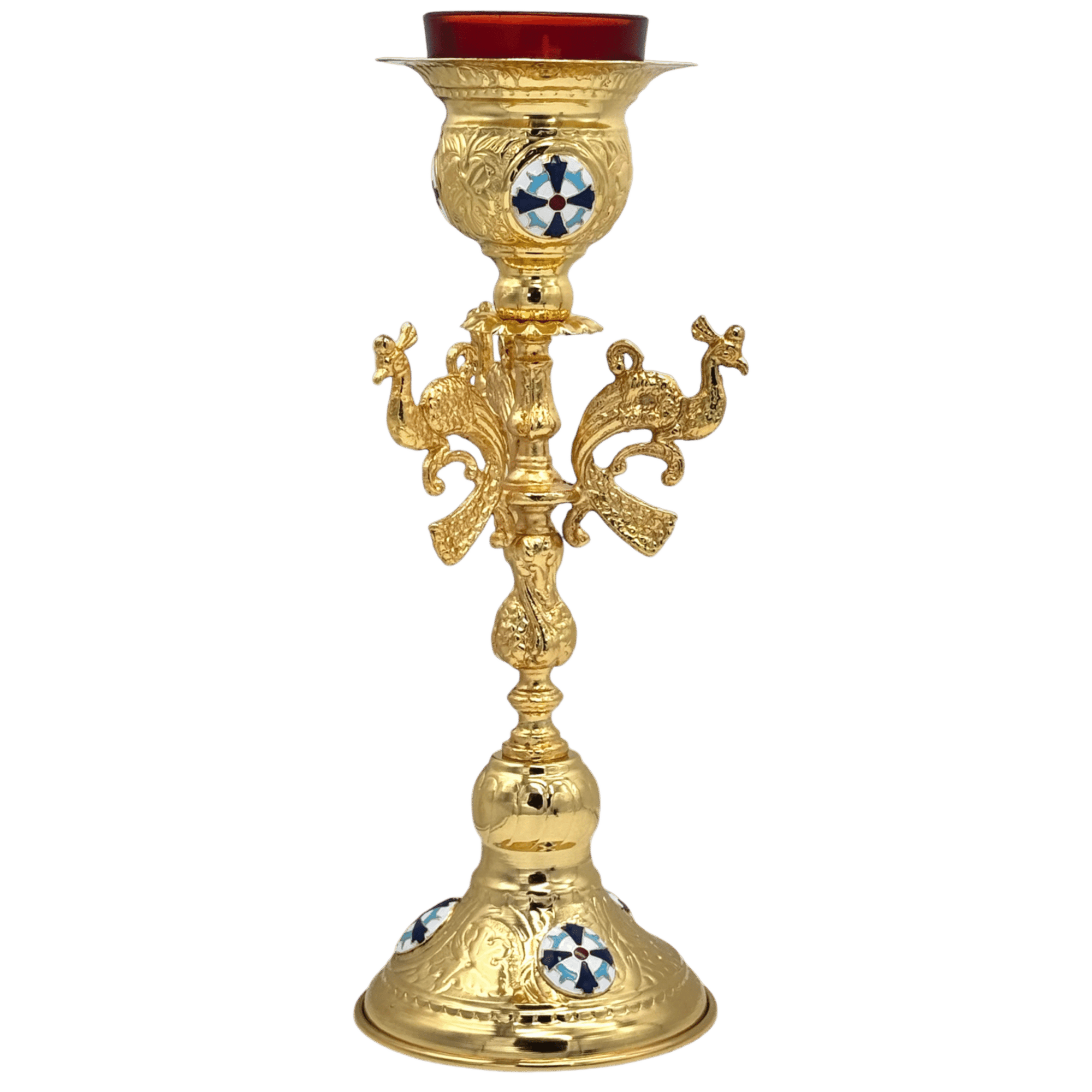 Ornate gold religious candle holder with ecclesiastical emblem, crafted by Tsa tsaronis Antonios, ideal for church rituals and Orthodox Christian ceremonies.