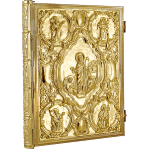 Ornate gold religious icon with detailed embossed biblical scenes and saints, crafted for church altar decor or religious displays.