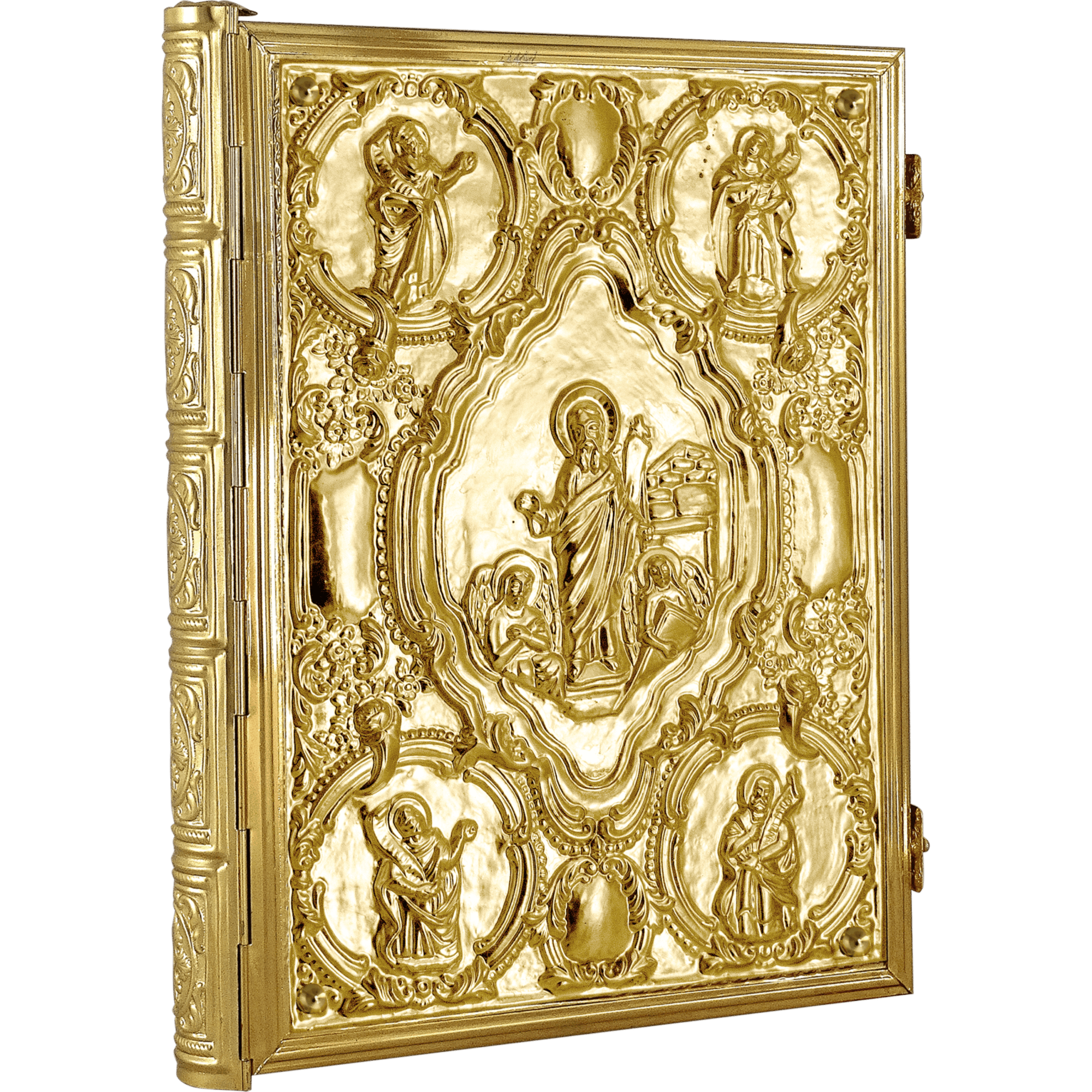 Ornate gold religious icon with detailed embossed biblical scenes and saints, crafted for church altar decor or religious displays.