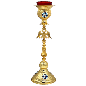 Ornate gold ecclesiastical candle holder with intricate design, symbolic for church ceremonies, featuring stained glass accents, ideal for Orthodox religious rituals and church decoration.