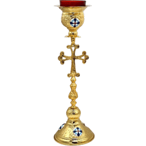 Golden Orthodox church candle holder with intricate cross design and decorative enamel accents, ideal for religious ceremonies and church decoration.