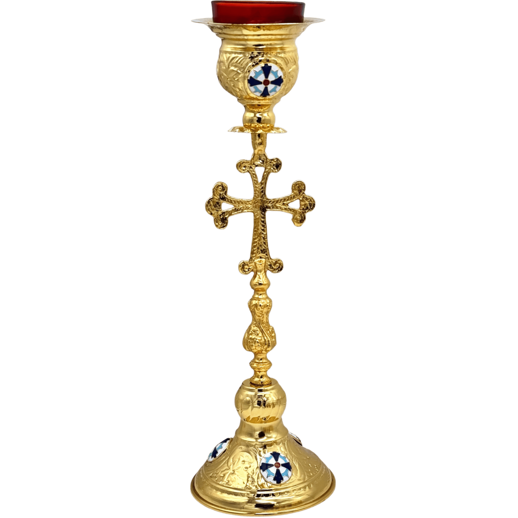 Golden Orthodox church candle holder with intricate cross design and decorative enamel accents, ideal for religious ceremonies and church decoration.