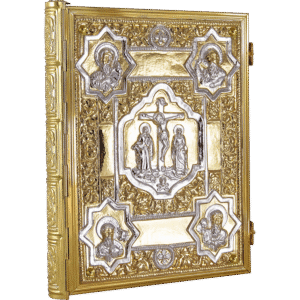 Intricate gold and silver religious iconography featuring the crucifixion and saints, designed for church altar decoration and sacred ceremonies.