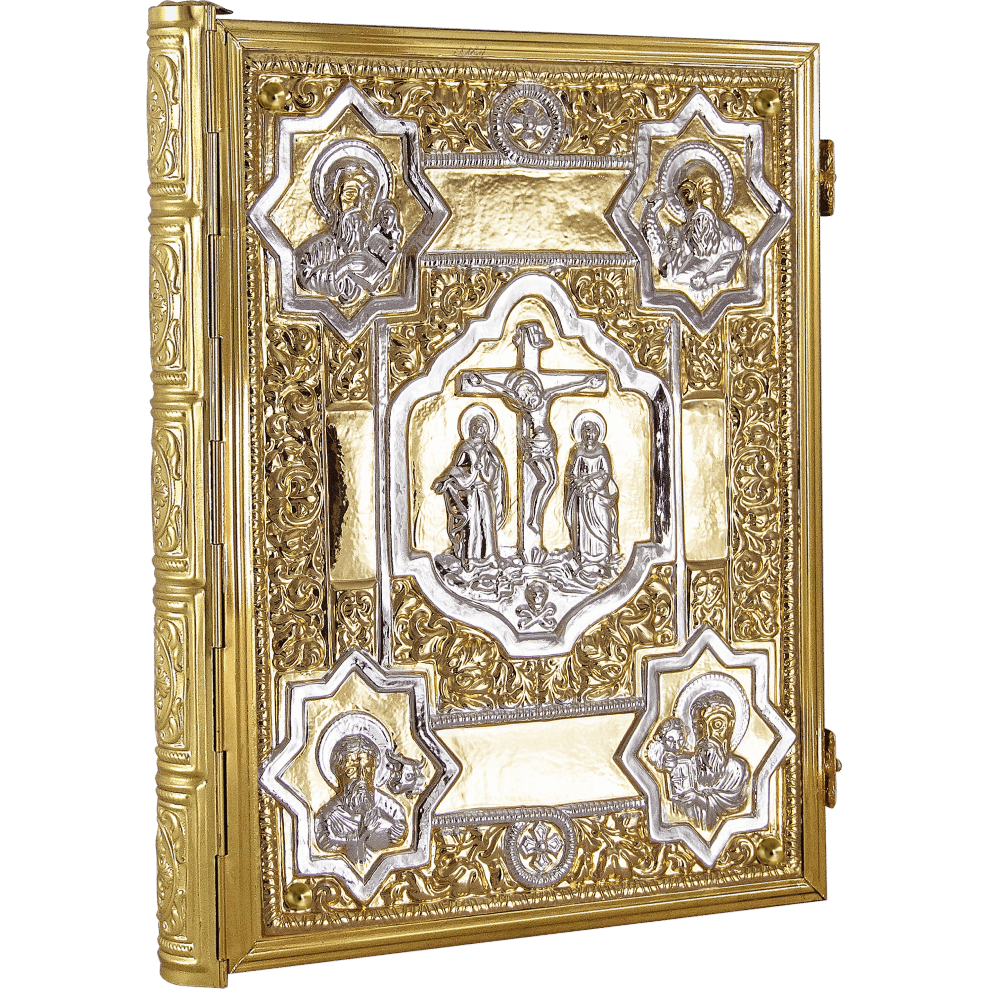 Intricate gold and silver religious iconography featuring the crucifixion and saints, designed for church altar decoration and sacred ceremonies.