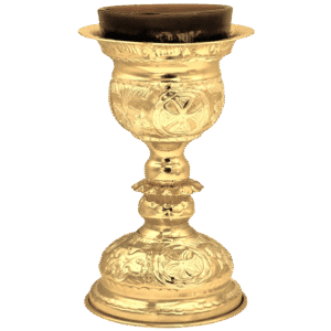 Ornate gold religious candle holder, perfect for church services and Orthodox rituals, crafted with traditional religious symbols and intricate design.