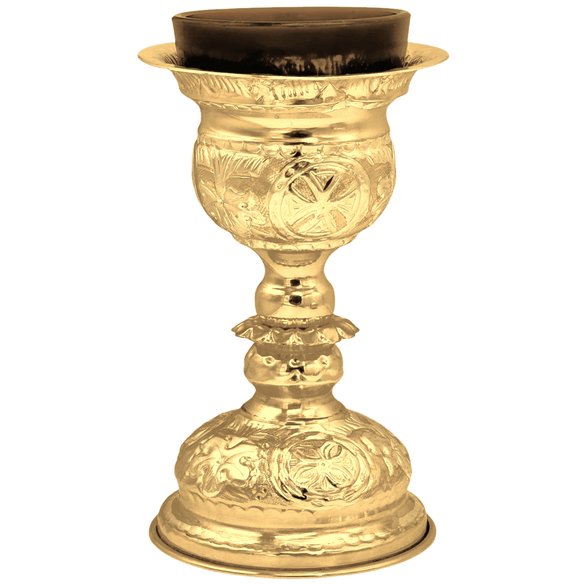 Ornate gold religious candle holder, perfect for church services and Orthodox rituals, crafted with traditional religious symbols and intricate design.