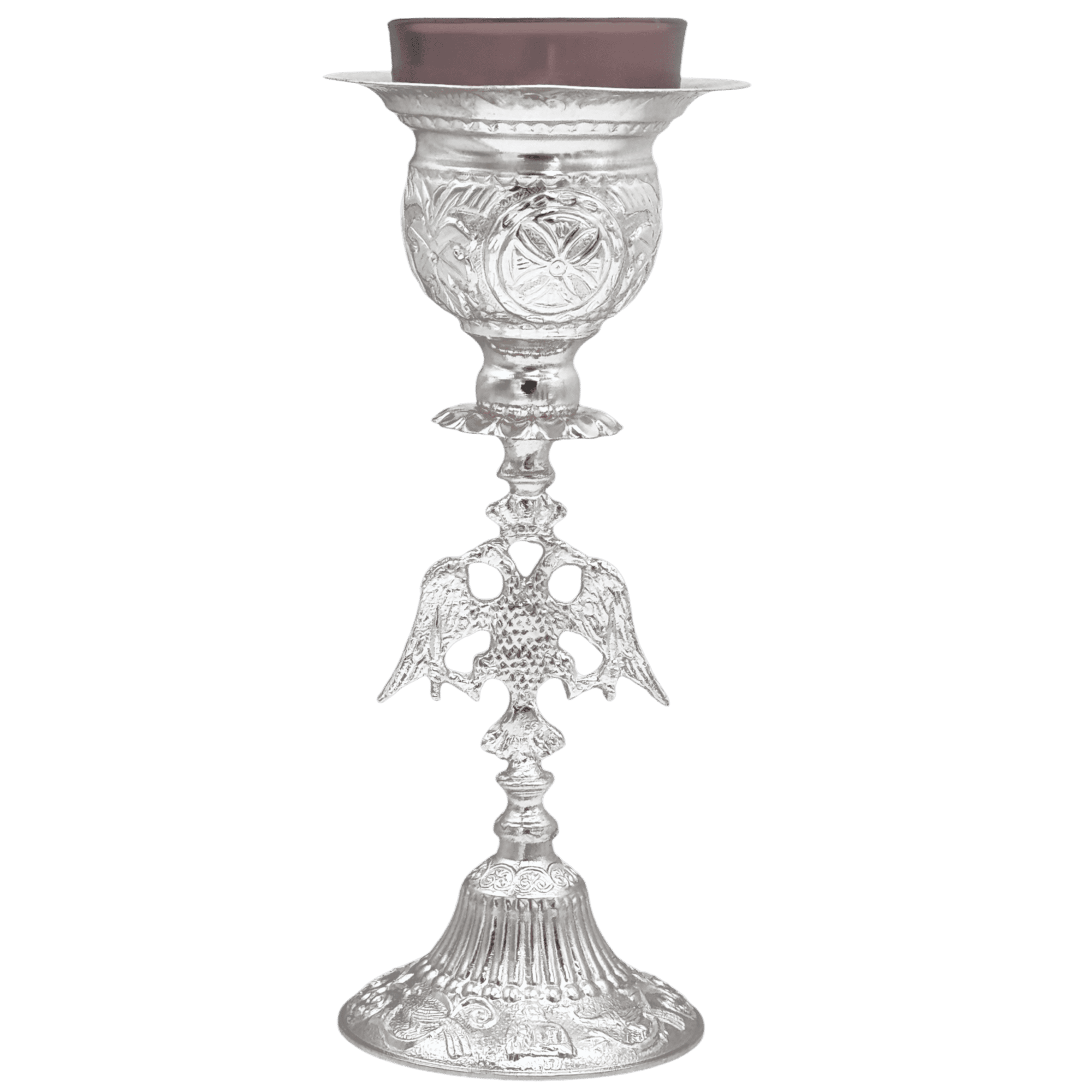 Ornate silver ecclesiastical candle holder with intricate detailing, perfect for church services and religious ceremonies, emphasizing traditional craftsmanship and sacred decor.