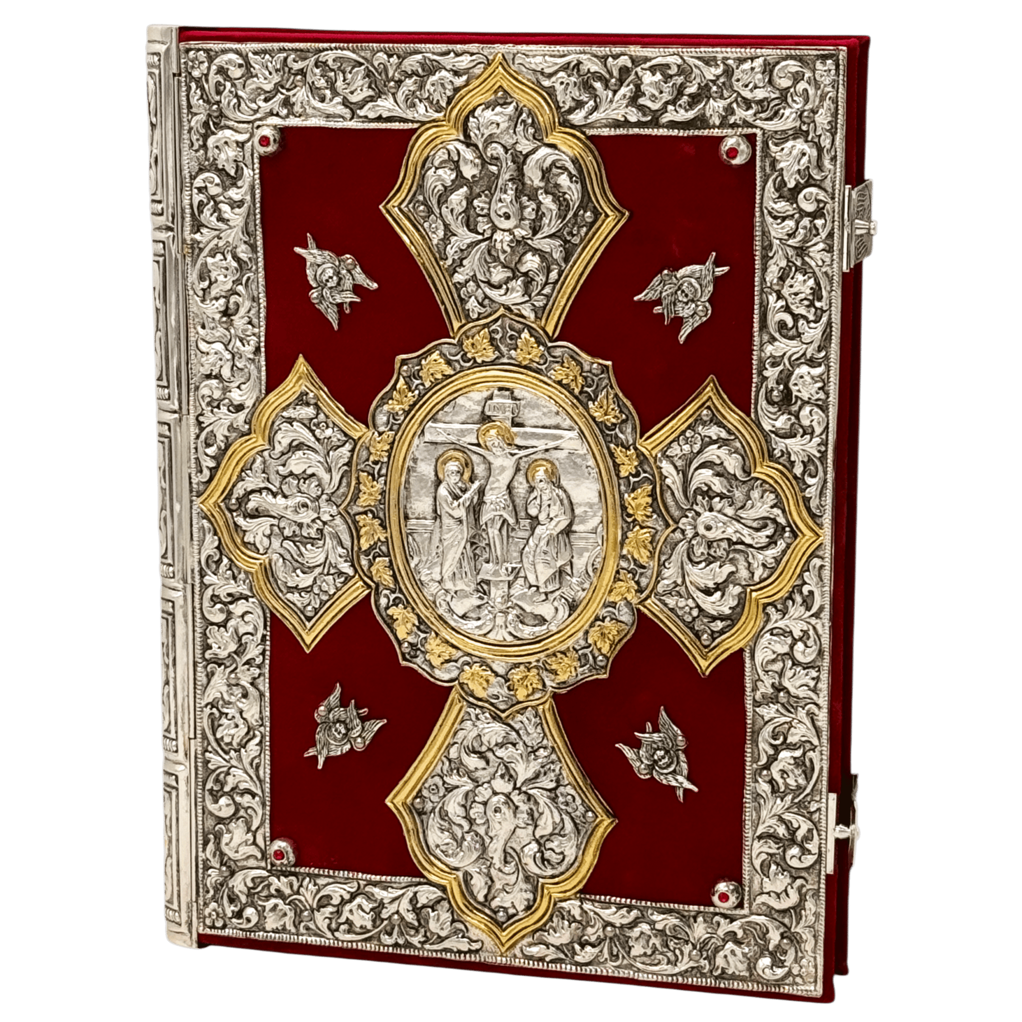 Ornate silver and gold religious iconography book with intricate filigree decoration, red velvet background, and detailed Christian motifs, ideal for ecclesiastical use and church decor.
