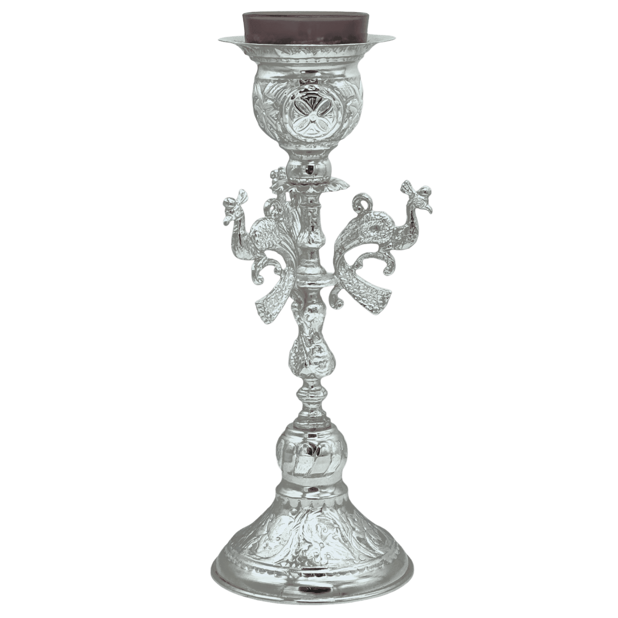 Intricate silver ecclesiastical candle holder with detailed religious design, used in Orthodox Christian church ceremonies, showcasing craftsmanship and spiritual symbolism.