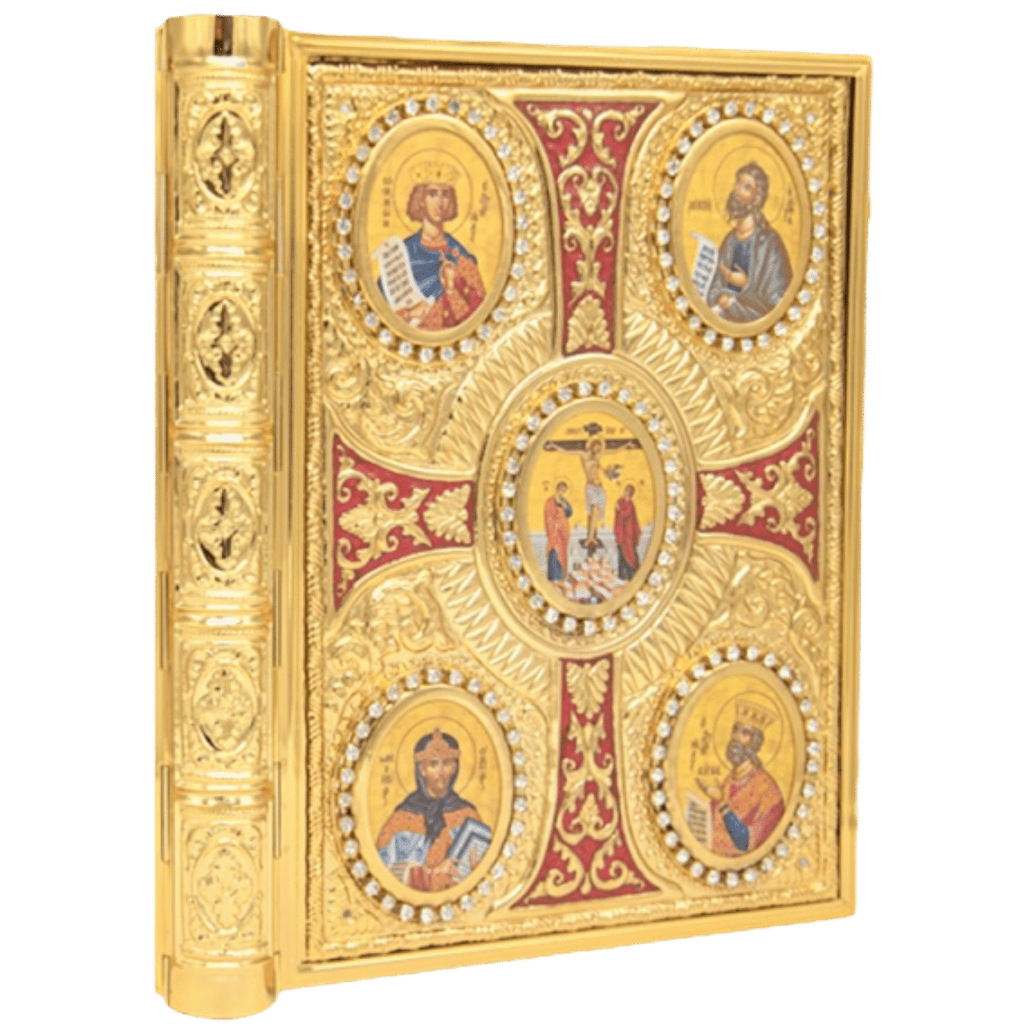 Intricately decorated Orthodox Christian icon book with gold and red accents, featuring six icons of saints and biblical scenes, embellished with pearls, suitable for religious worship and church decoration.