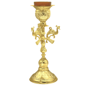Ornate gold ecclesiastical candlestick with religious symbols, ideal for church ceremonies and sacred lighting. Durable, elegant design with intricate craftsmanship for religious rituals.