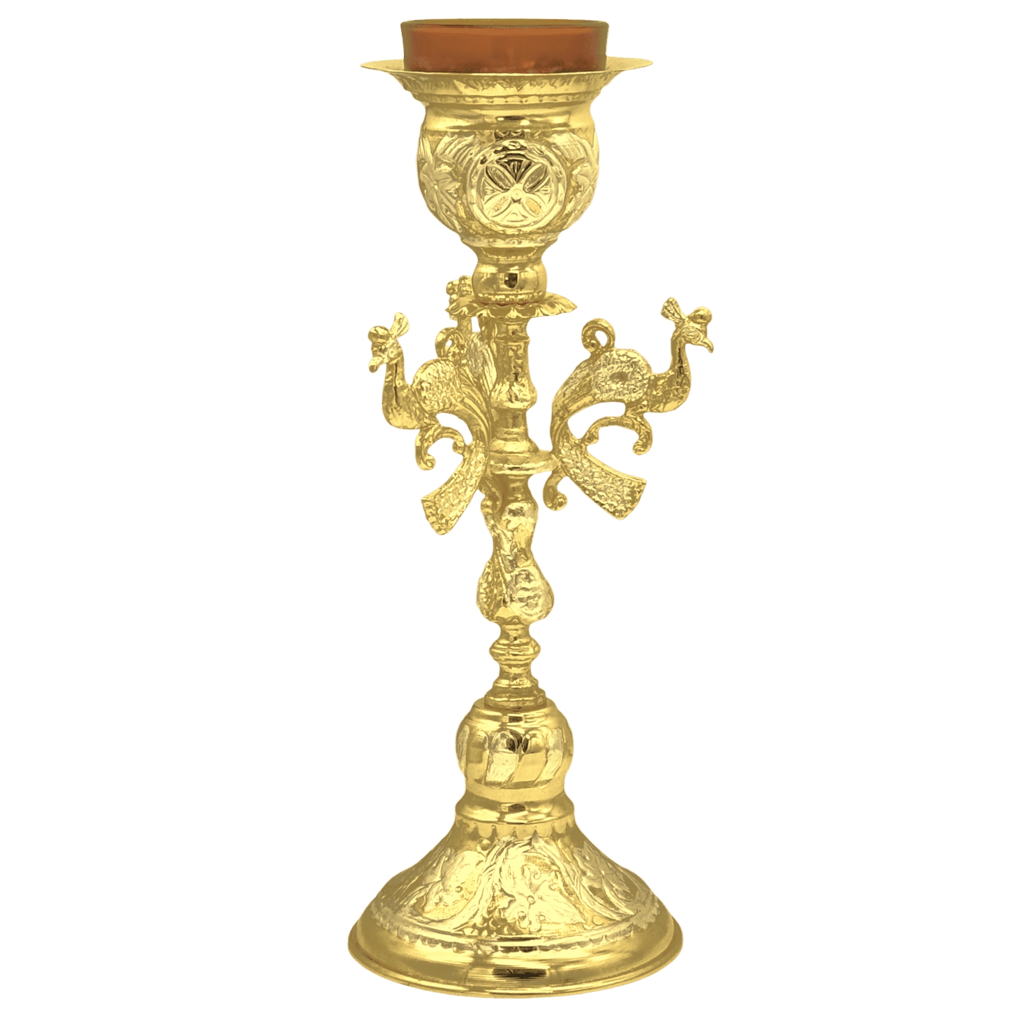 Ornate gold ecclesiastical candlestick with religious symbols, ideal for church ceremonies and sacred lighting. Durable, elegant design with intricate craftsmanship for religious rituals.