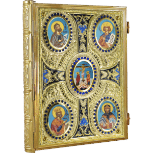 Intricate religious iconography in a gold frame featuring traditional Orthodox Christian saints and scenes, used for religious worship and church decoration.