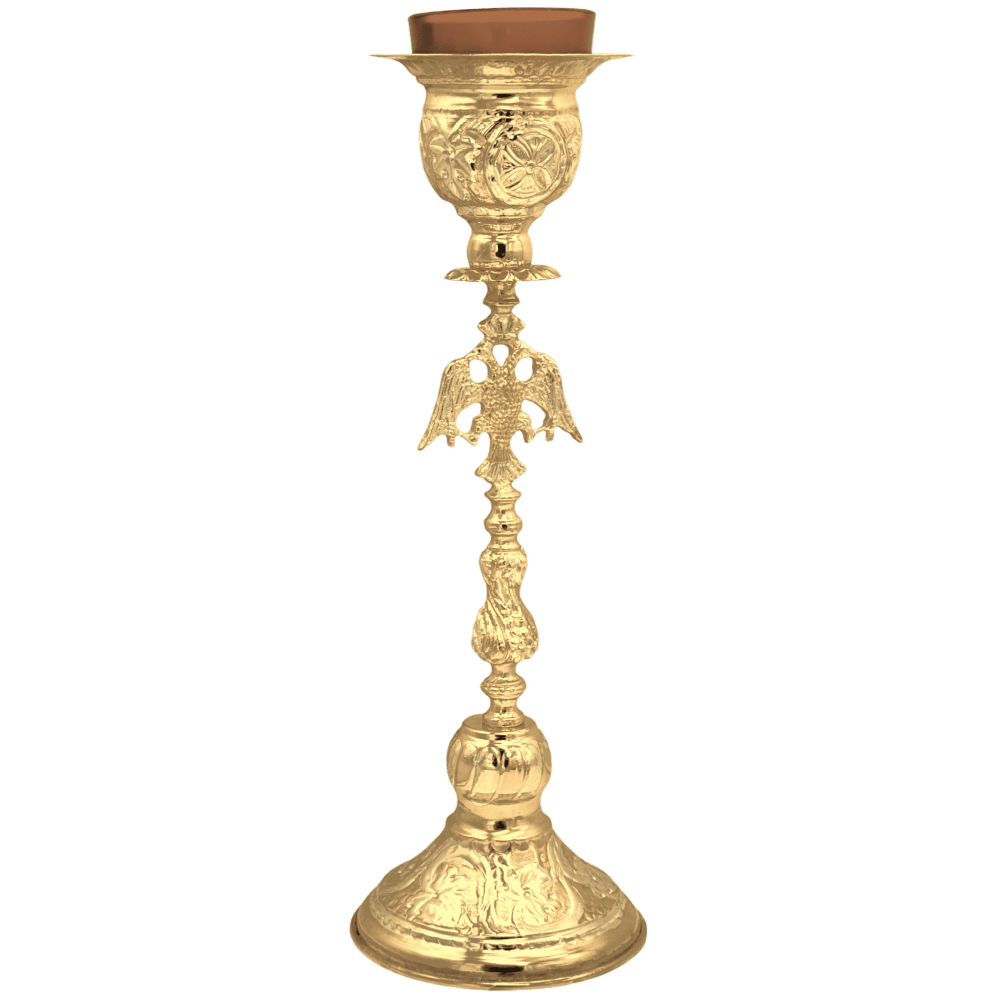 Ornate gold religious candle holder with detailed craftsmanship, ideal for church ceremonies and religious events. Perfect ecclesiastical decor from Tsatsaronis Antonios.