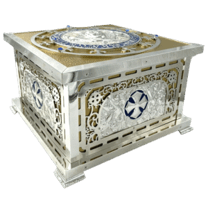 Intricate religious church box with silver and gold accents, decorative religious symbols, ideal for ecclesiastical items and church ceremonies.