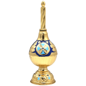 Gold liturgical incense holder with intricate blue and gold religious motifs, perfect for church ceremonies and Christian worship.
