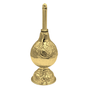 Golden liturgical aspergillum with ornate religious designs for church rituals and ceremonies.