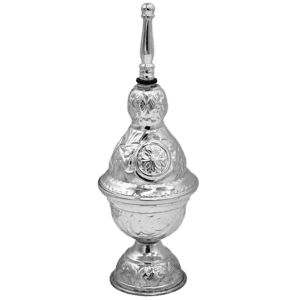 Intricately designed silver church censer, used in Orthodox religious ceremonies, showcasing traditional ecclesiastical craftsmanship and religious symbolism.
