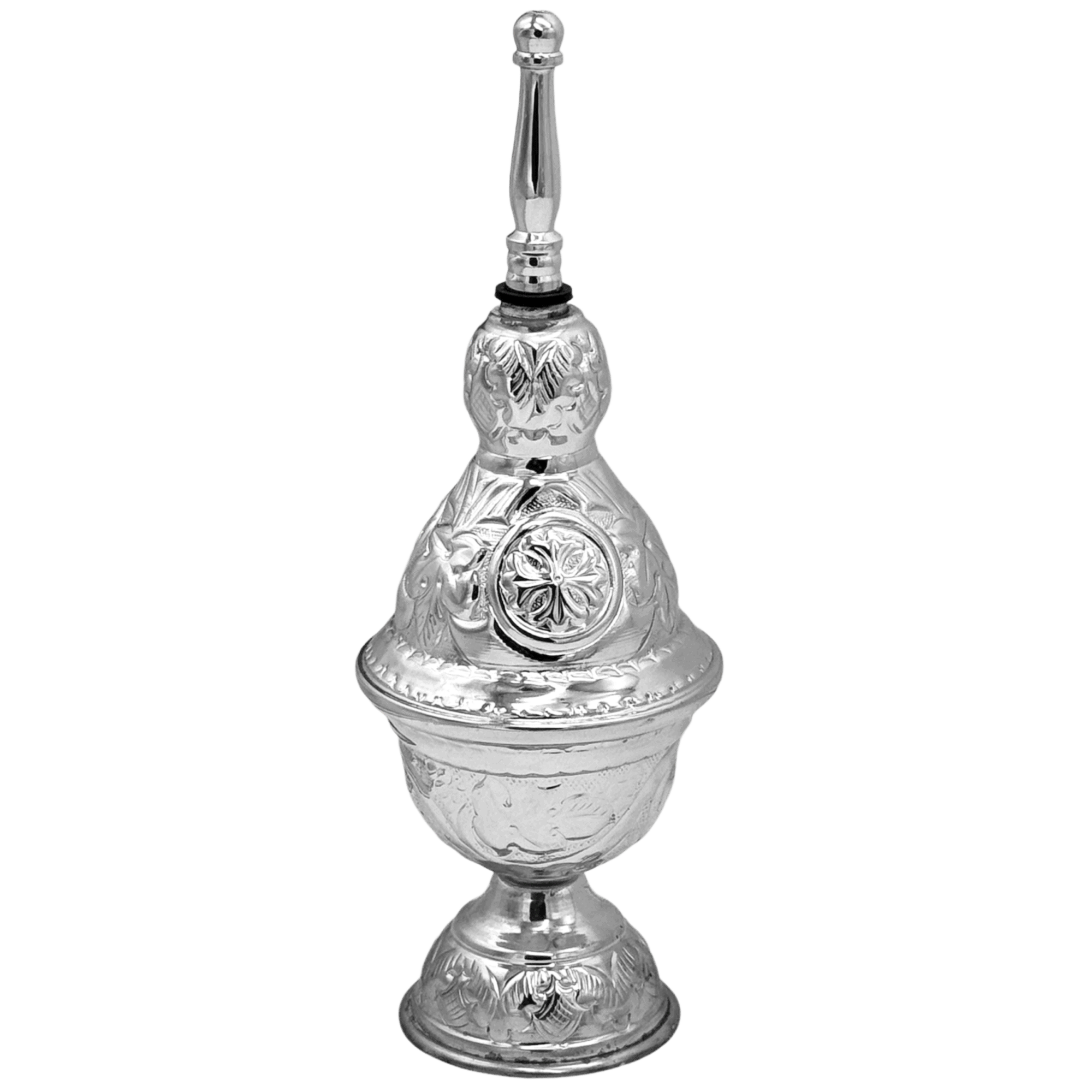 Intricately designed silver church censer, used in Orthodox religious ceremonies, showcasing traditional ecclesiastical craftsmanship and religious symbolism.