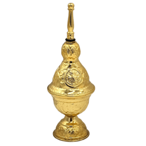 Ornate gold liturgical censer used in church ceremonies and religious rituals, crafted with intricate designs, perfect for ecclesiastical events and Orthodox Christian worship.