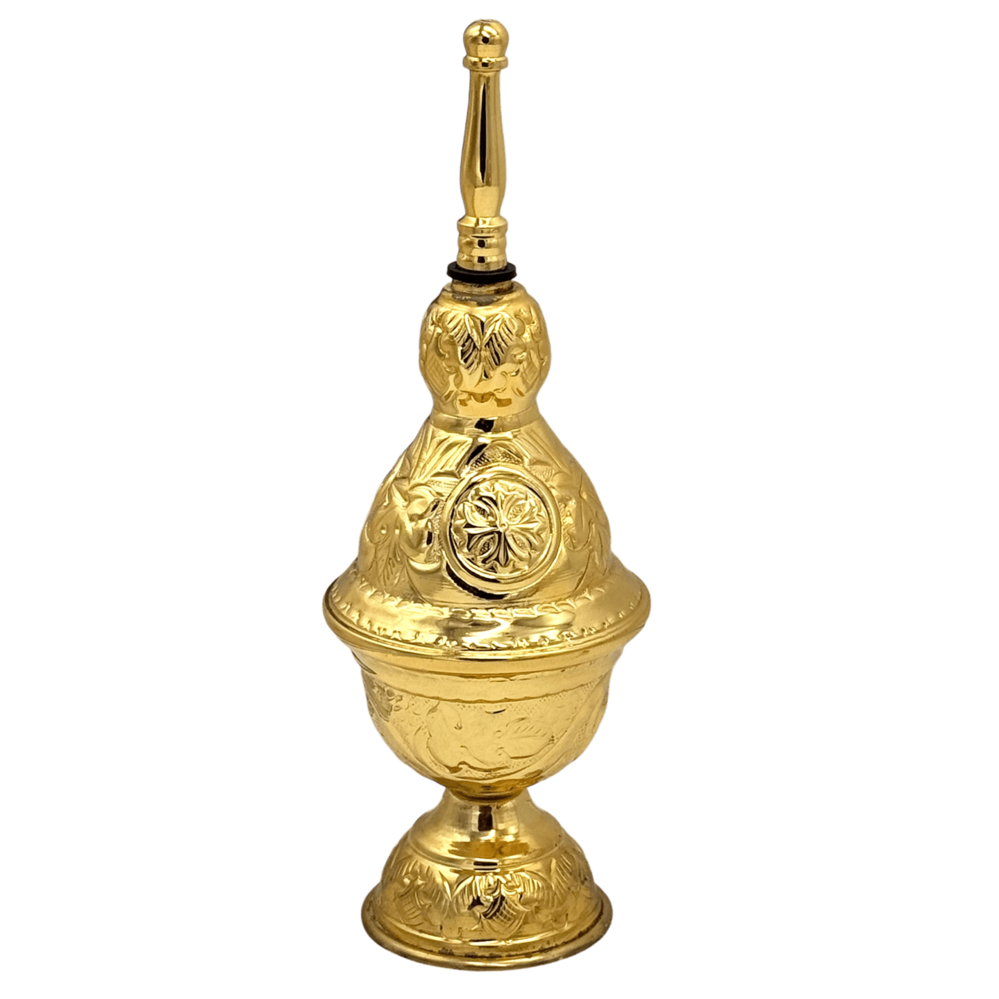 Ornate gold liturgical censer used in church ceremonies and religious rituals, crafted with intricate designs, perfect for ecclesiastical events and Orthodox Christian worship.