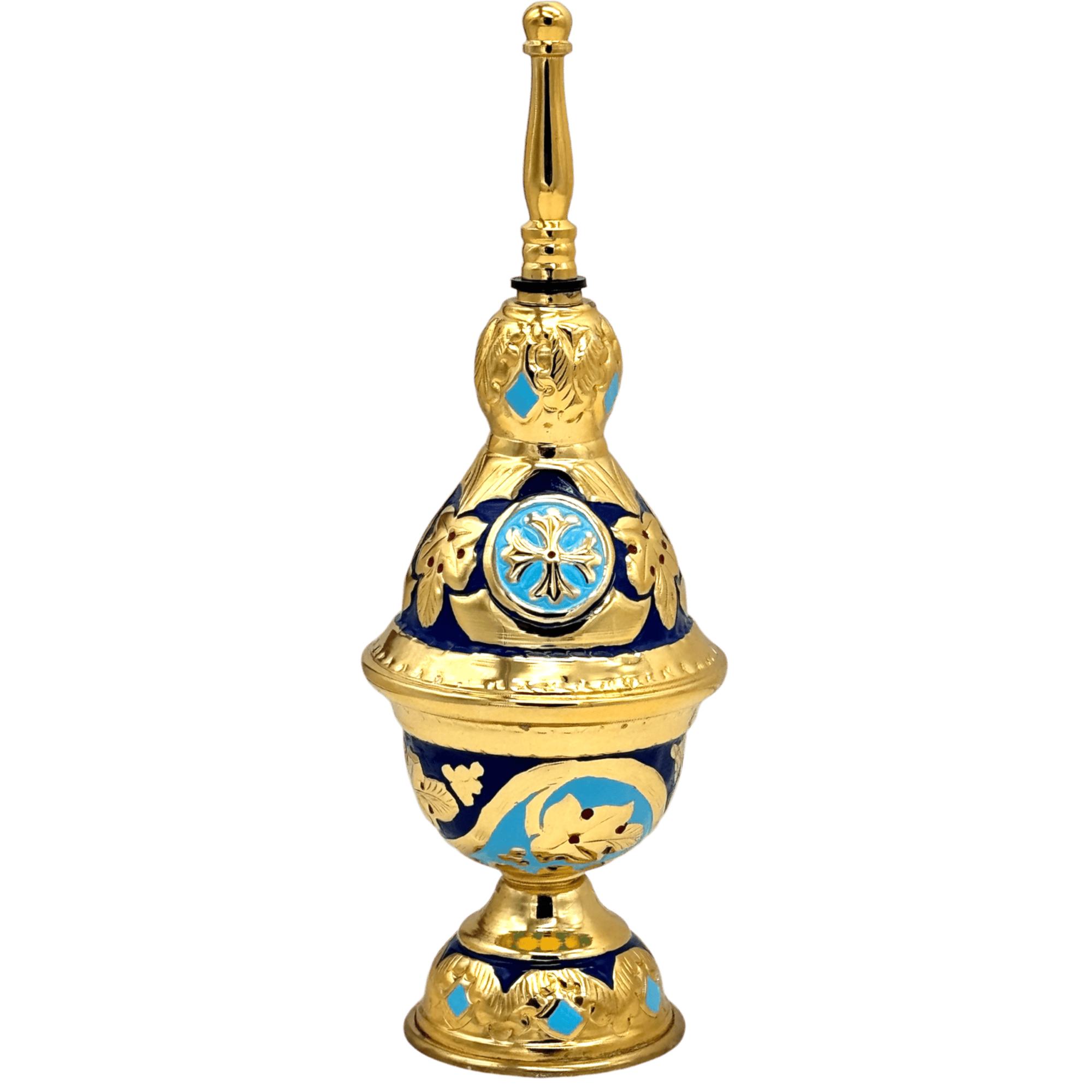Intricately designed gold and blue ecclesiastical vessel, ideal for church rituals and religious ceremonies, crafted by Tsa tsaronis Antonios.