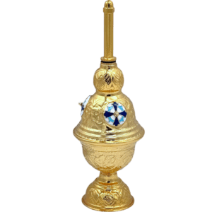 Elegant gold ecclesiastical censer with intricate designs, religious symbols, and blue accents, used in Orthodox Christian rituals for burning incense during church services and ceremonies.