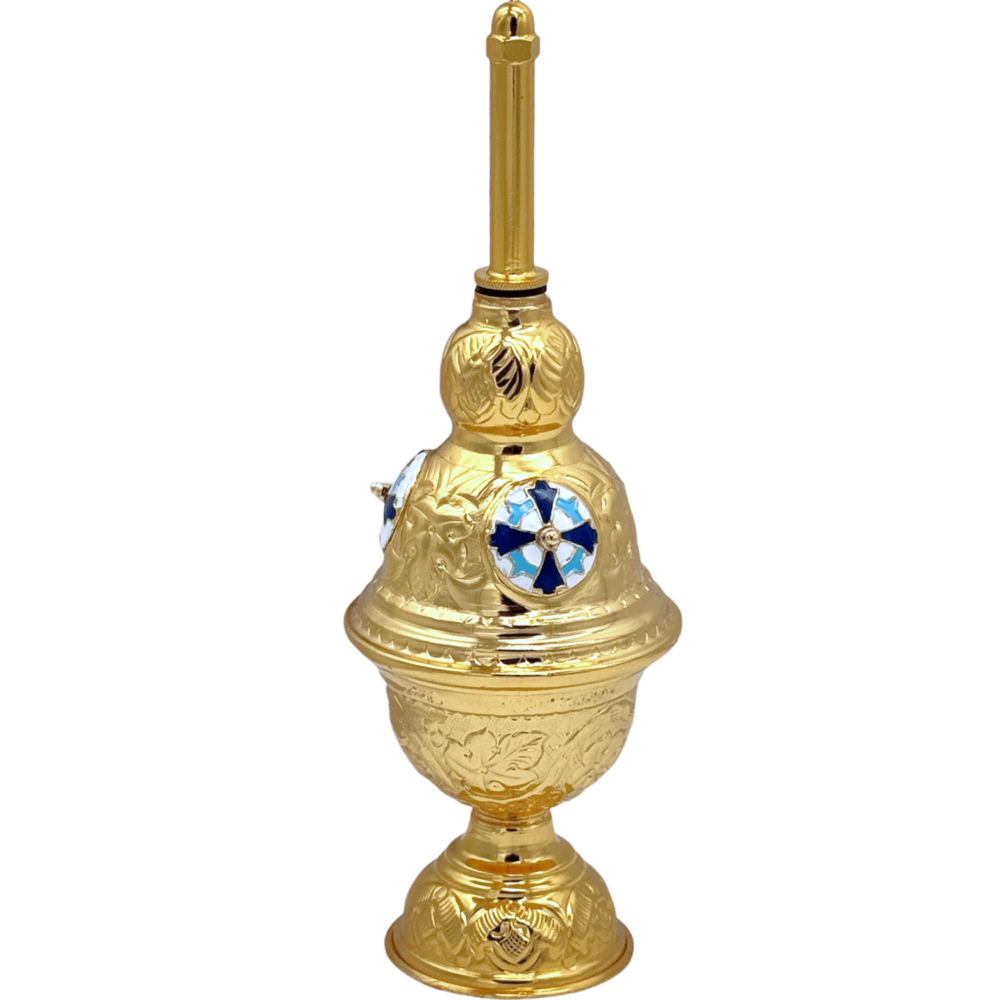 Elegant gold ecclesiastical censer with intricate designs, religious symbols, and blue accents, used in Orthodox Christian rituals for burning incense during church services and ceremonies.